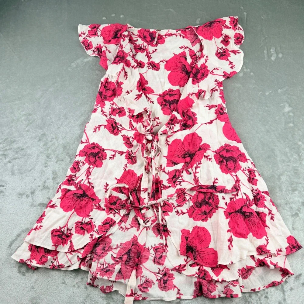 Free People Pink White Floral Ruffle Wrap Mini Dress Women's XS OB1151045